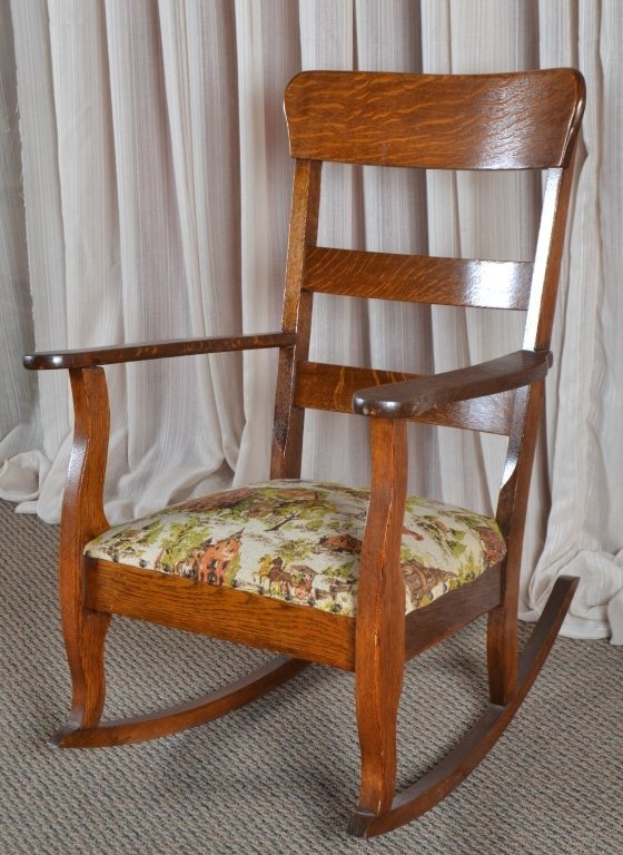 Vintage Oak Rocker w/Upholstered Seat: 37" center back height.