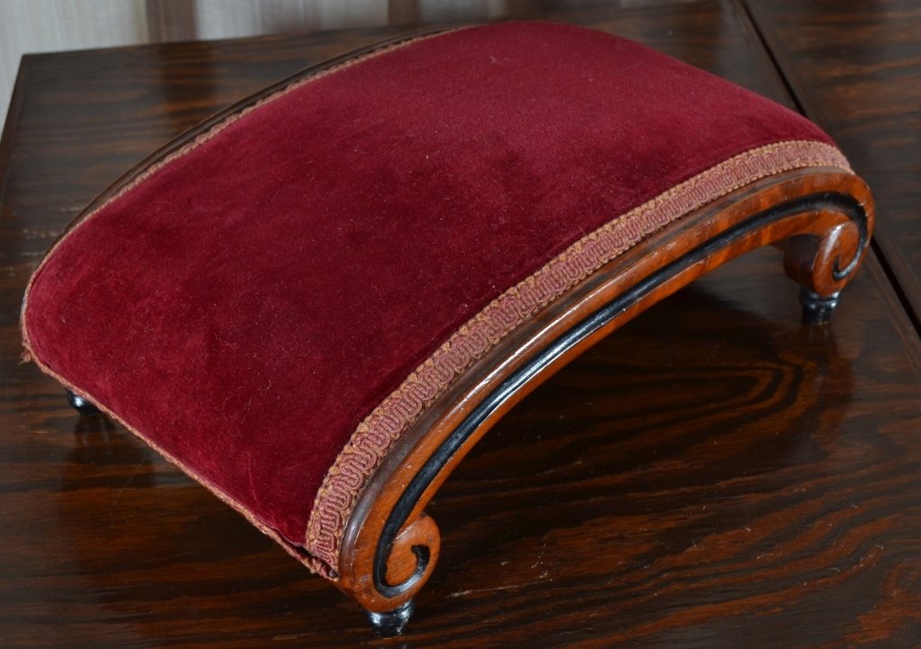 Maroon Curved Footstool: 13.5"W x 9"D x 5"T.