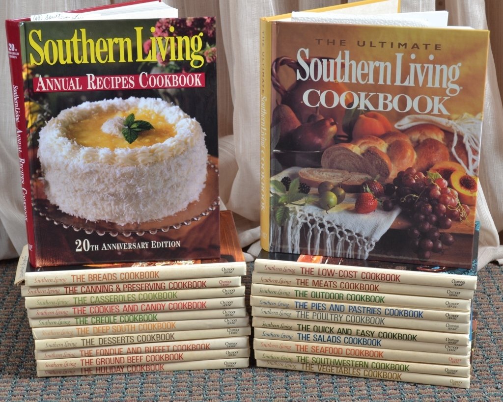 22 Southern Living Cookbooks Plus: Inc. Southern Living Ultimate cookbook, Ultimate 20th Anniversary cookbook, books on breads, creole, deep south, fondue & buffet, low cost, meats, outdoor, quick & easy, salads, seafood and vegetables