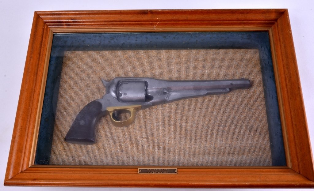 Remington Army 44 Cal. Cap & Ball Pistol Framed: Civil War, Mod. 1858, 13.5"T x 3"D x 19.5"W. Reproduction.