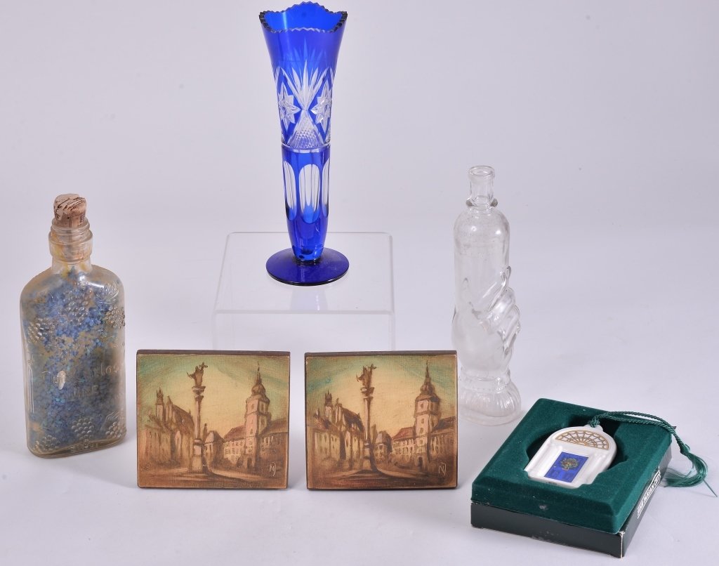 Vintage Glass w/Hand Bottle & Belleek Dublin Door: Blue cut to clear 7.5"T vase, scent hand bottle, half pint Don Carlos wine flask w/repousse grapes, 2 Warszawa Poland 4" x 4.25"Wooden art plaques and Belleek ornament.