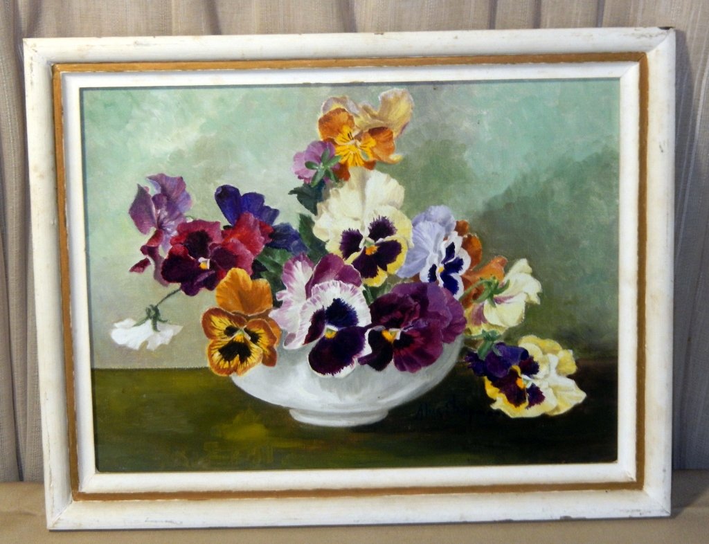 Oil on Canvas Bowl of Pansies by Alice Chapman: Sight 11" T x 15.25" W, framed 14" T x 18.25" W.