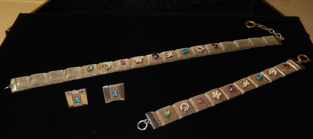 Mesh & Stone Gold Costume Jewelry: Choker 11" L, bracelet 6.5" L, estate jewelry, several decorations missing small pearls.