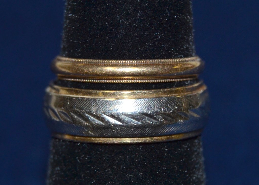 His & Hers 14K Estate Jewelry Wedding Rings: His art carved 5.29 grams, size 6.75; hers 1.4 grams, size 5.5.