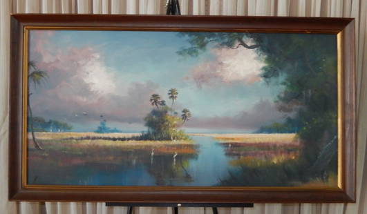 Highwayman Artist H. Newton Oil on Board Bayou Scene: Signed lower, sight 23" T x 47" W, framed 28" T x 51.5" W.