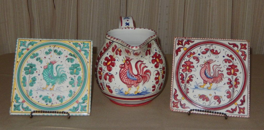 Rooster Pitcher Made in Italy & 2 Italian Tiles: Marked Grazia Dervta Italy 87, 6.5" T, pitcher w/rim flake.