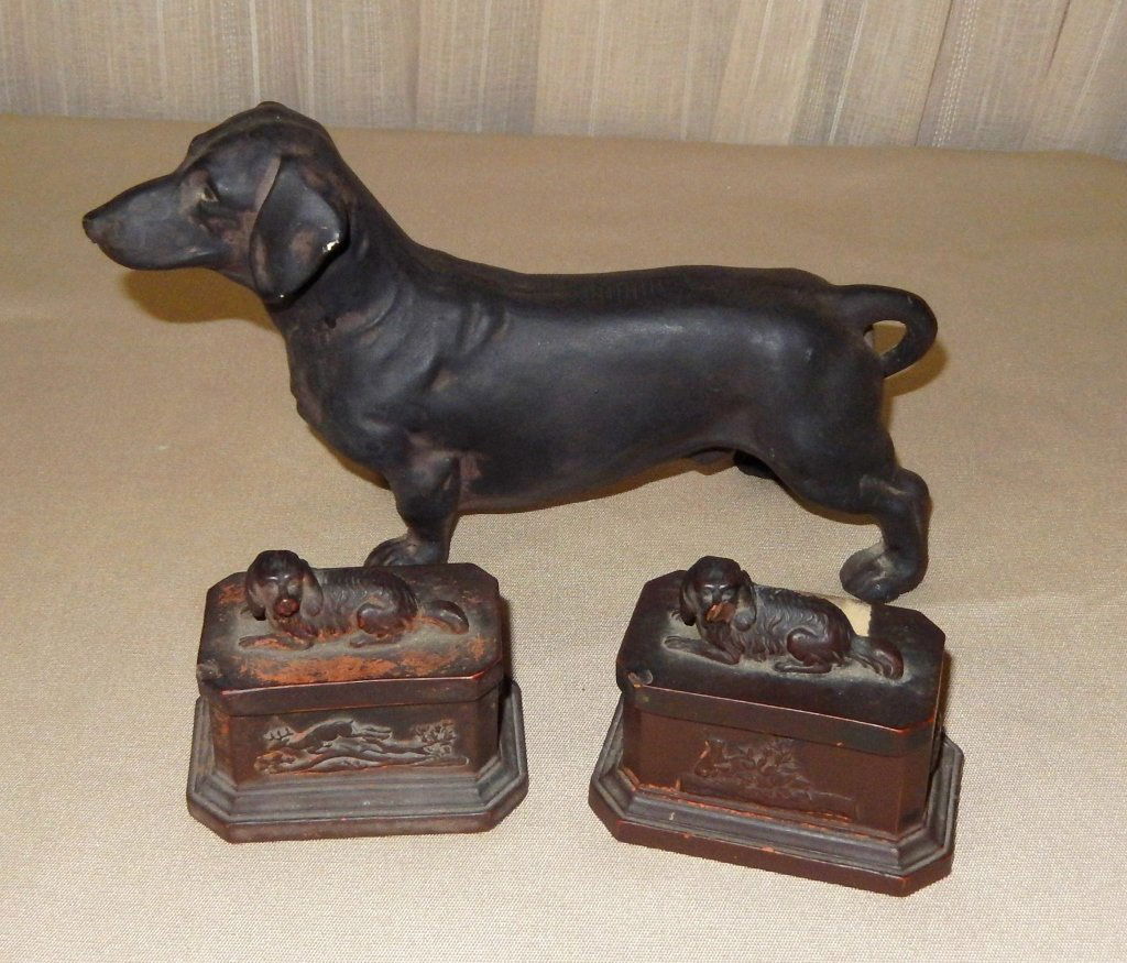 Ceramic Dachshund and 2 Match Boxes w/Dog Finials (1 of 4)