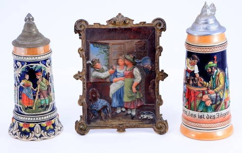 Colorful Ceramic German Steins & Repousse Plaque: One stein (10" tall) is a musical playing Lili Marleen (Thorens Movement Made in Switzerland, the plaque is marked B & H 1815 on back (10" tall x 7.75" wide).