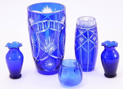 4 Blue Glass Vases - Largest 2 Cut to Clear: Both bullet shape vase (8" tall) and largest (10" tall having flake) are cut to clear together with two ruffled edge vases 5" tall.
