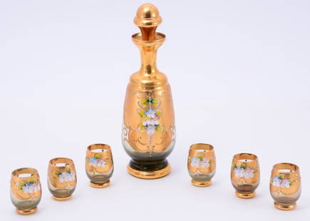 Italian Ardalt Handpainted Decanter & 6 Liquors: Gold encrusted and embossed decanter w/ground stopper (10" tall) together w/6 matching liquor glasses (2" tall).