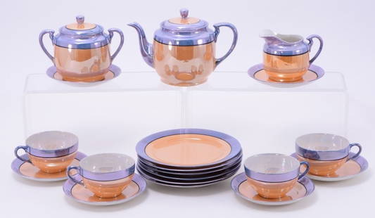 Lusterware Japanese Tea Set: Handpainted teapot, covered sugar, creamer, six 7.25" diameter dessert plates, six saucers and four cups.