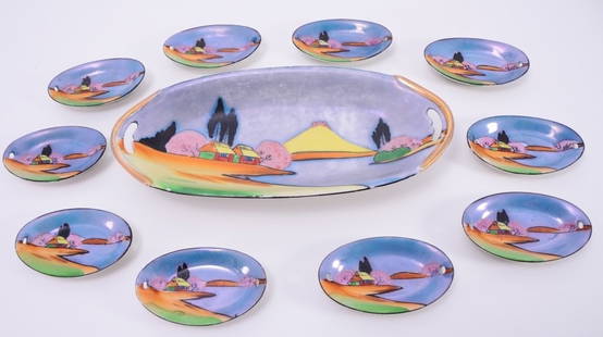 Japanese Handpainted Relish & Sauce Dishes: Pierced relish tray 10.5" long and ten 3.5" long matching sauce dishes (holes at each end for display).