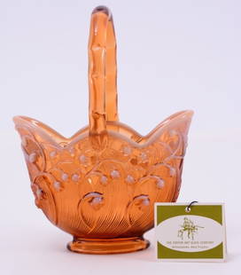 Fenton Lily of the Valley Handmade Basket: Signed on bottom and paper tagged, 8" tall.