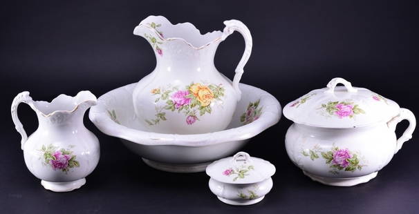 Antique Pitchers, Bowl, Chamber Pot, Soap Dish: Buffalo Pottery pitcher, 11" tall; pedestal bowl w/worn mark, 16" diameter; Buffalo Pottery covered chamber pot, 8" tall; Buffalo Pottery pitcher, 7.5" tall and Buffalo Pottery covered round dish