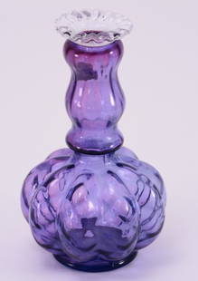 Purple Melon Shape Fenton Vase: Paper tagged, 7" tall.