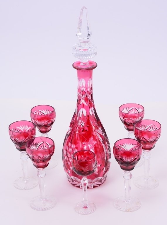 Cranberry Cut to Clear Decanter & 7 Liquor Stems (1 of 3)
