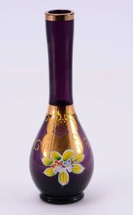 Purple Handpainted Vase w/Gold & Floral Decor: 8" tall.
