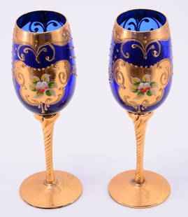 Pair Blue Handpainted Gold & Floral Decor Stems: 8" tall.