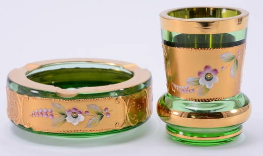 Hand Decorated Bohemian Crystal Cigarette Set: Green glass cigarette holder (3.5" tall) and ashtray (4" diameter w/rim chip) w/gold and raised decoration.