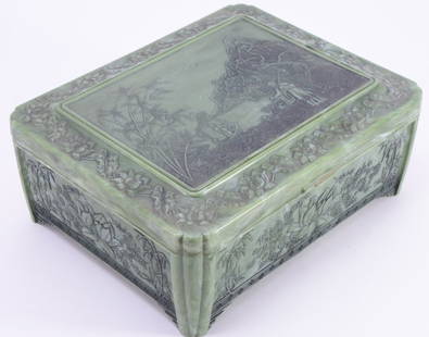 Vintage Green Embossed Plastic Jewelry Box: Mirror inside lid, divided interior can be changed to accommodate sizes, black velvet interior bottom.