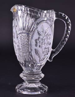 Lead Kristal Yugoslavian Pressed Pedestal Pitcher: Frosted floral reserves, 10.5" tall.
