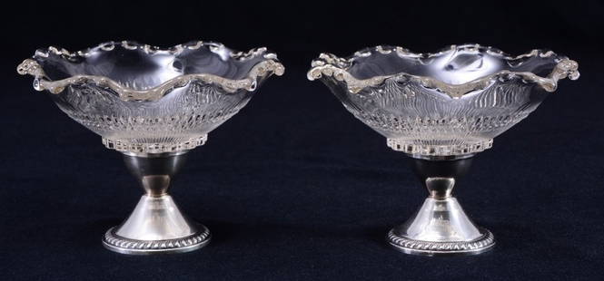 Pair Weighted Sterling & Glass Low Compotes: 6" diameter x 4" tall.