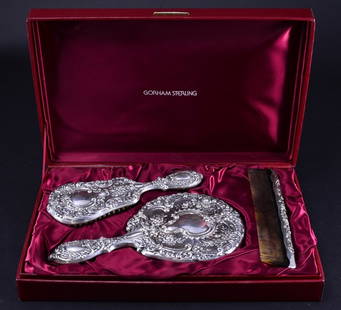 Gorham Sterling Dresser Set in Presentation Box: Hand mirror, comb and brush.