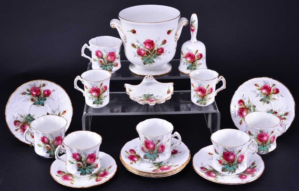 English Hammersley Grandmother's Rose China: Planter/cache pot 5.5" tall, bell, shell shape pin dish, 5 saucers, 6 cups (1 interior discolored), 2 demi-tasse cups & saucers. Spode group.