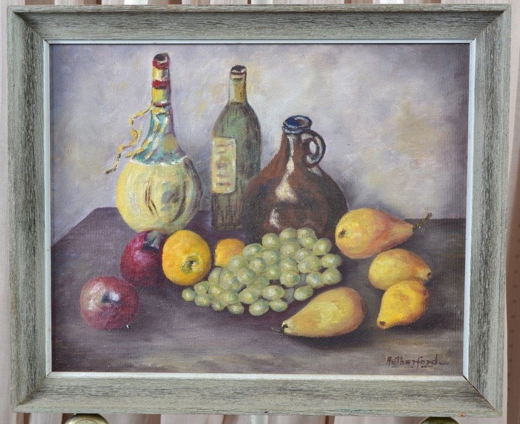 Signed Oil on Board Still Life of Bottles & Fruit (1 of 3)