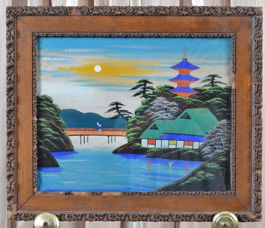 Framed Vintage Oriental Landscape w/Bridge & Moon (1 of 1)