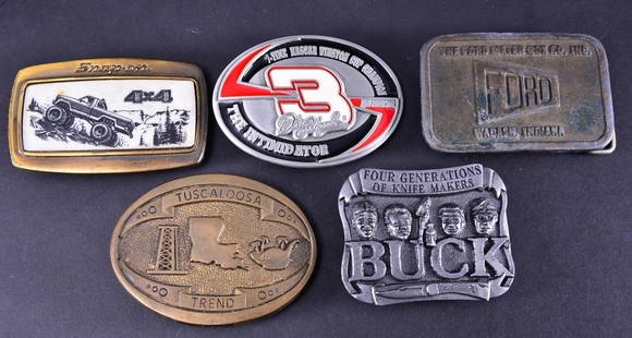 Mens Belt Buckle Lot: 7-time NASCAR Winston Champion The Intimidator Dale Earnhardt 1999, license 6403 fine pewter; Buck Knives Smokey Mountain Knife Works, SN950586; Brass Tuscaloosa Trend; Ford & Snap On Tools.