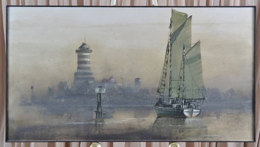 Dan Dunn Acrylic on Canvas Sail Boat & Lighthouse