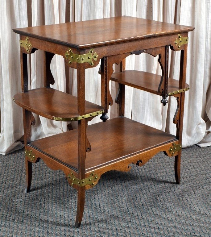 Art Nouveau Style Oak Display Table w/Brass Trim (1 of 3)