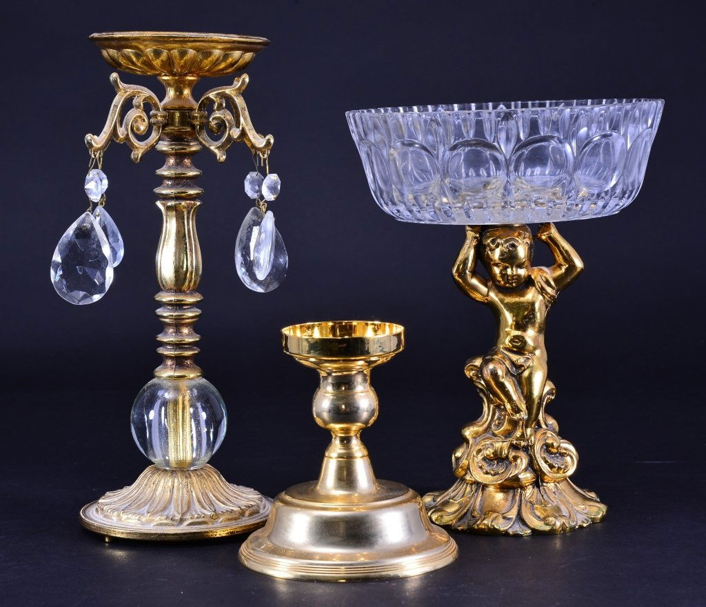 2 Brass Candle Holders & Brass & Glass Compote (1 of 2)
