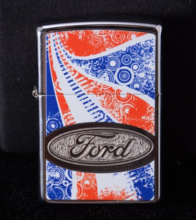 Ford Zippo Lighter w/Factory Seal Intact: Red, white & blue.