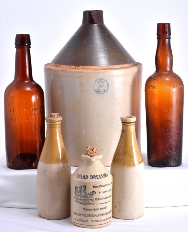 Stoneware Jug/ Beer Bottles, Glass Whiskey Bottles (1 of 3)