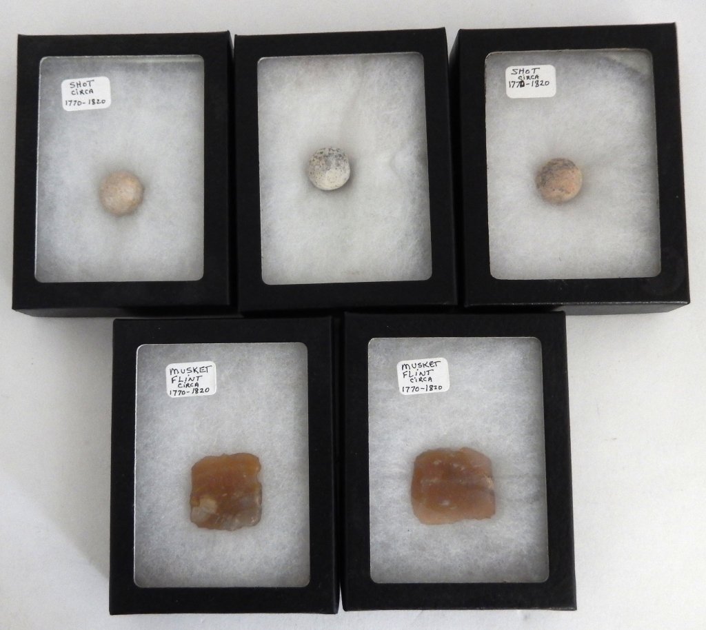 Musket Balls & Flints: Three balls and two flints, reported circa 1770-1820, Riker Mount boxes w/security pins.