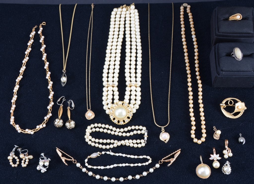 Pearl and Gold Tone Costume Estate Jewelry: inc. necklaces, bracelets, sweater guard, pin, drops, earrings, and rings.