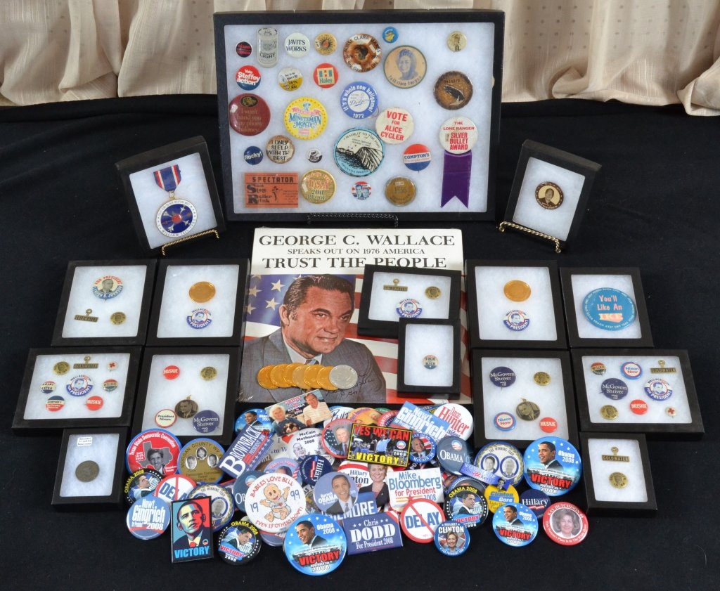 American Political Buttons 1940-2008 Plus More: Adlai/Estes, Willkie, Nixon/Agnew, Obama, Clinton, Wallace, McGovern/Shriver, Goldwater, Humphrey, Muskie, Lyndon Johnson, Kerry, McCain, Jeb Bush, Colin Powell, Bloomberg, Newt Gingrich, & more.