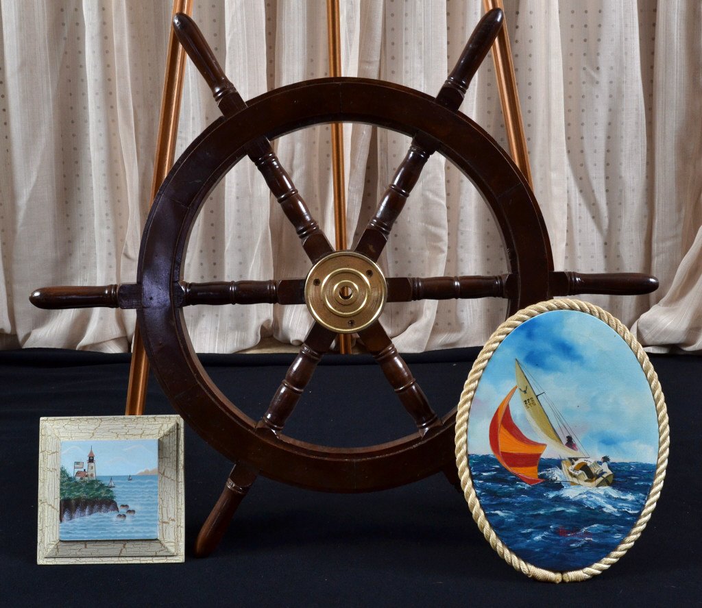 Ship's Wheel w/Nautical Paintings (1 of 5)