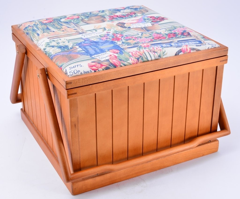 Sewing Basket w/Fabric Top: Filled w/notions, 14" x 14" x 10" tall.