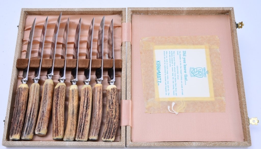 8 Kirk & Matz Genuine Stag Handle Knives: Fitted box, Sheffield England.