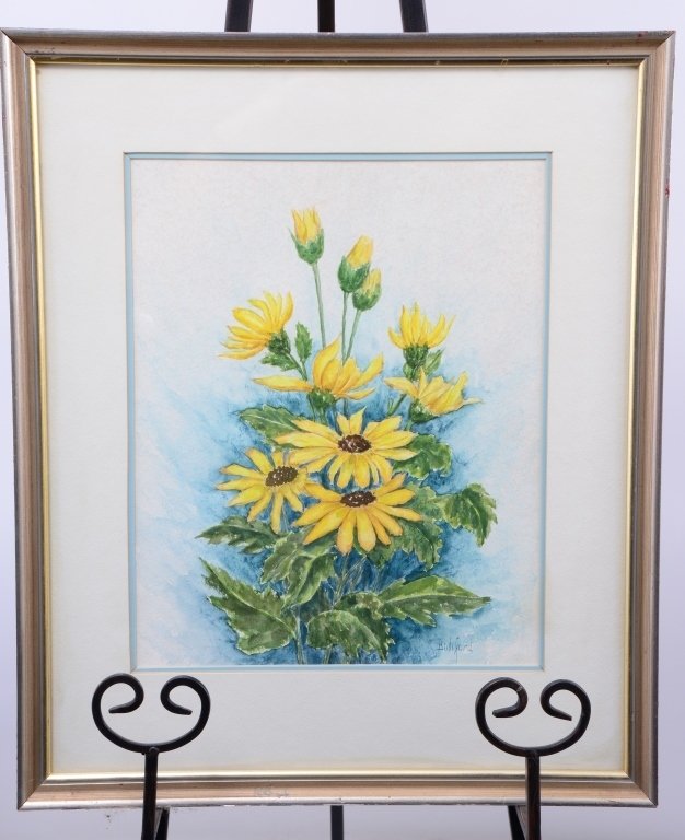 Ellen Bodiford Sunflowers Watercolor: Sight 13" x 10.5", framed under glass 20" x 16.5".