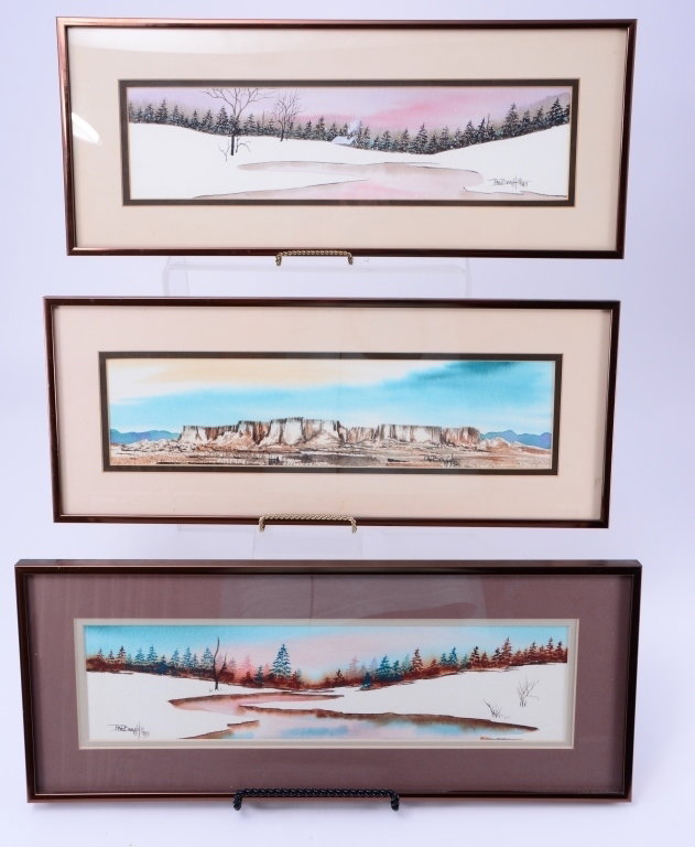 Trio Pat Beatty Watercolors: Sight approximately 5" x 16" wide, framed under glass 8" x 20.25" wide.