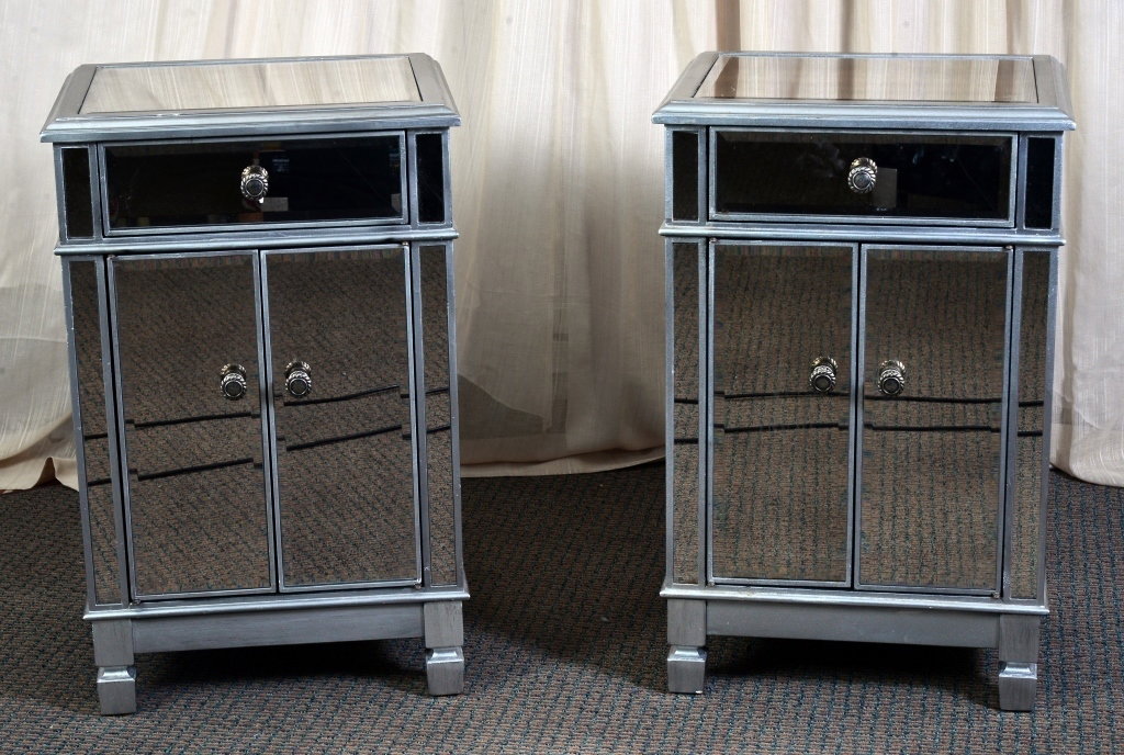 Pair Mirrored End Cabinets: Smoked beveled mirrors, Pier 1, 19.25" x 16" x 29.5" tall.
