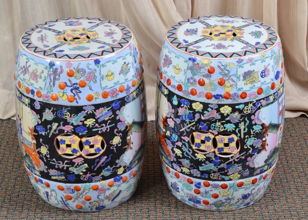 Pair Oriental Garden Seats: Colorful ceramic drums, 12" diameter x 18.5" tall.