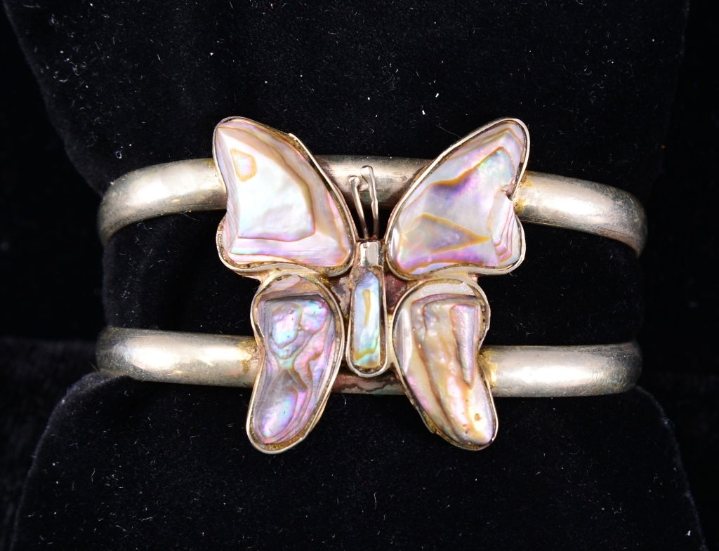 Abalone Butterfly Cuff: Appearing unmarked silver, estate jewelry.