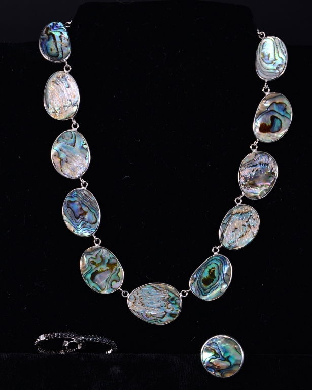 Sterling Abalone and Ring Plus: 17.5" disc necklace, ring together w/black pavee stone sterling earrings, estate jewelry.