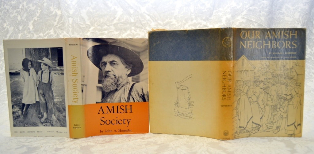 Amish Society & Our Amish Neighbors: John A. Hostetler's Amish Society, 1963, 1st, G-VG, DJ together w/Wm. Schreiber's Our Amish Neighbors, illus., 1962, 1st, VG, DJ.