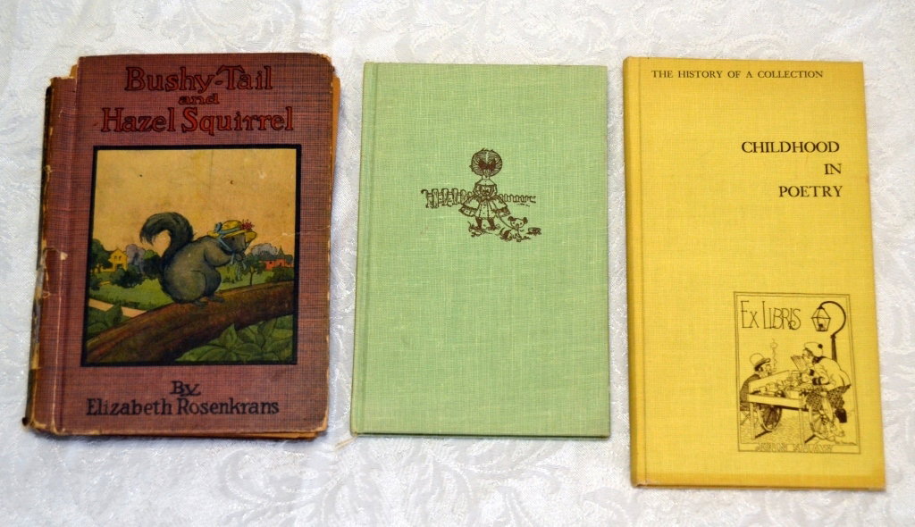 Juvenile Book Lot: Rosenkrans' Bushy-Tail and Hazel Squirrel no date (loose cover, poor spine), Shaw's Childhood in Poetry 1970, Anglund's A Friend Is Someone Who Likes You 1958.